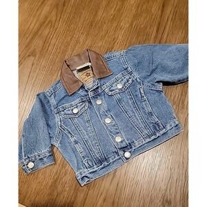 Vtg Sprockets Denim Jacket  Faux Leather Collar Size 6/9 mo‎ Made In Hong Kong
